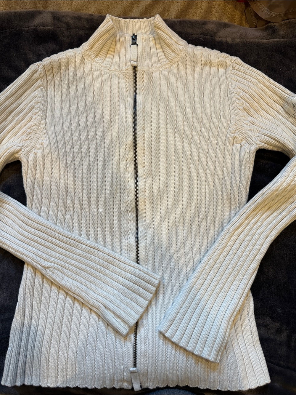DKNY Cream Ribbed Zip-Front Cardigan Sweater